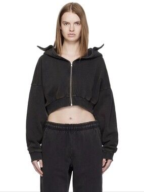 Entire Studios Cropped Hoodie Zip Up Washed Black Size Large